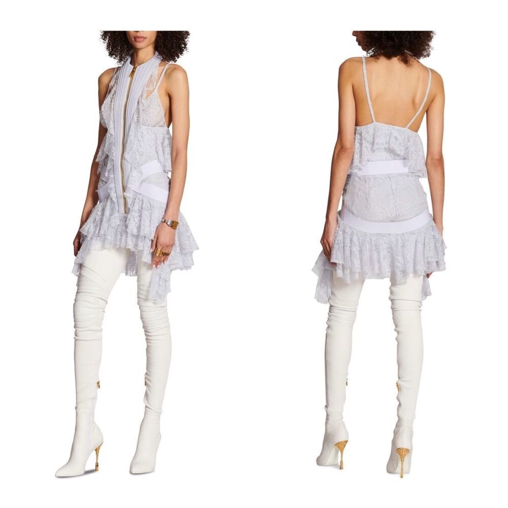 NWT BALMAIN ASYMMETRIC FLORAL-LACE MINIDRESS IN BLEU CLAIR FR 34 / US 2 $6195